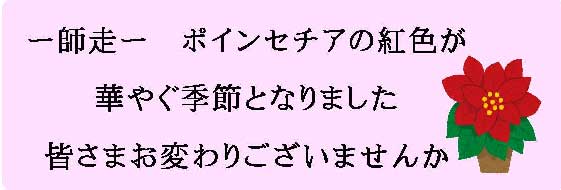 師走　ポインセチアの紅色が華やぐ季節になりました。皆さまお変わりございませんか